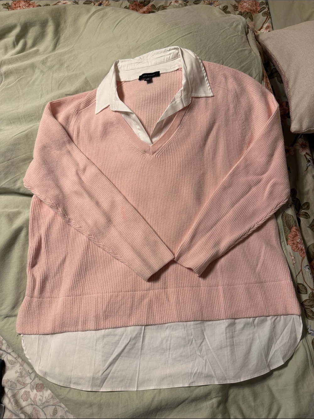 Ann Taylor Classic V-Neck Layered Sweater - Pink, XXL
